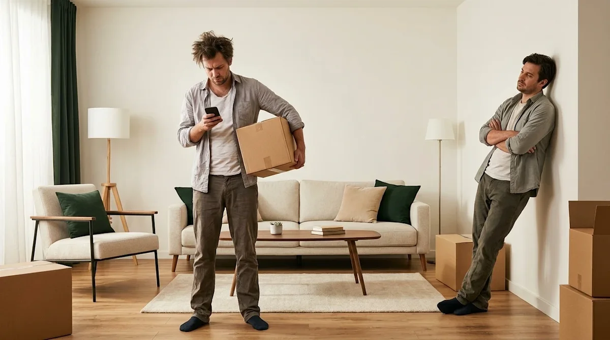 Clear, high-quality professional marketing photography depicting a frustrating scenario of unprofessional movers. Two unkempt