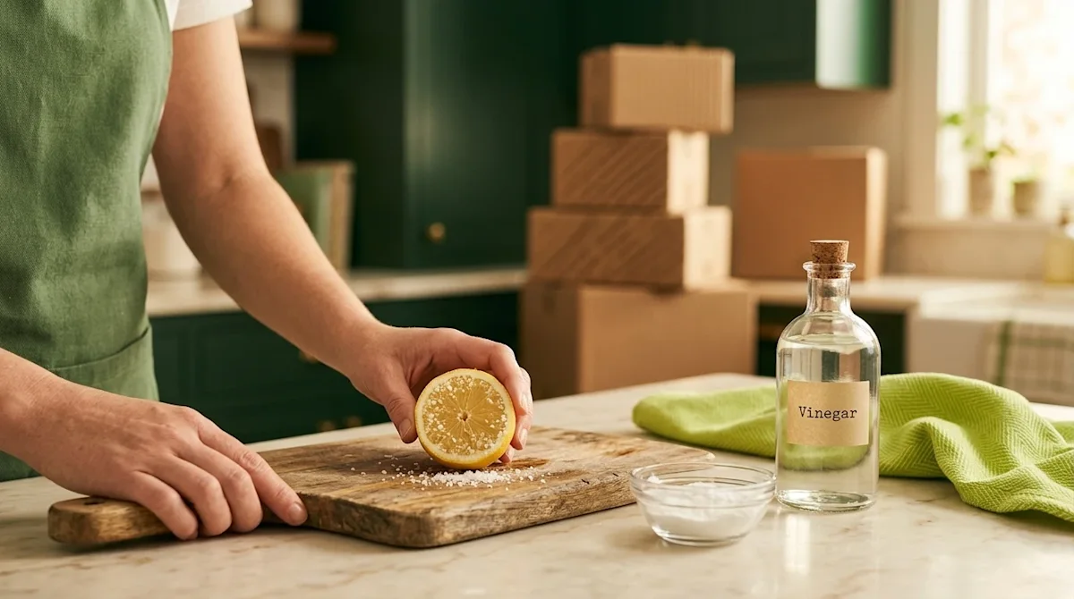 Professional marketing photography, close-up lifestyle shot of natural food-based cleaning in a warm, inviting home kitchen.