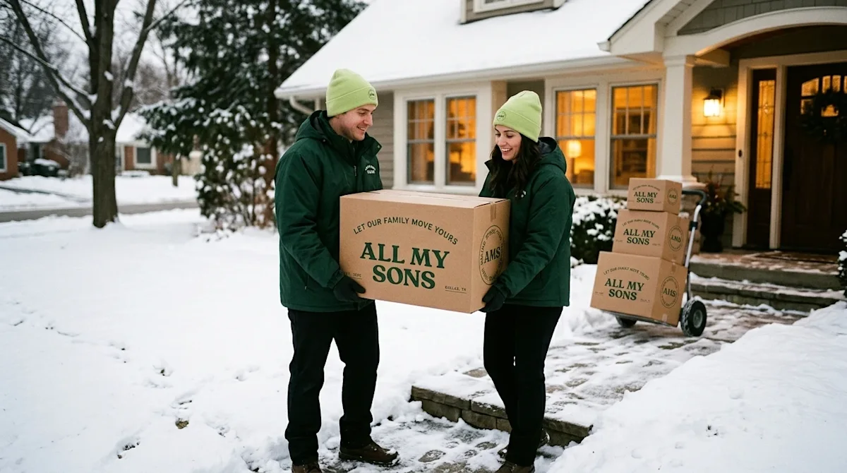 Two All My Sons professional movers carrying a cardboard box toward a snowy residential house in winter.