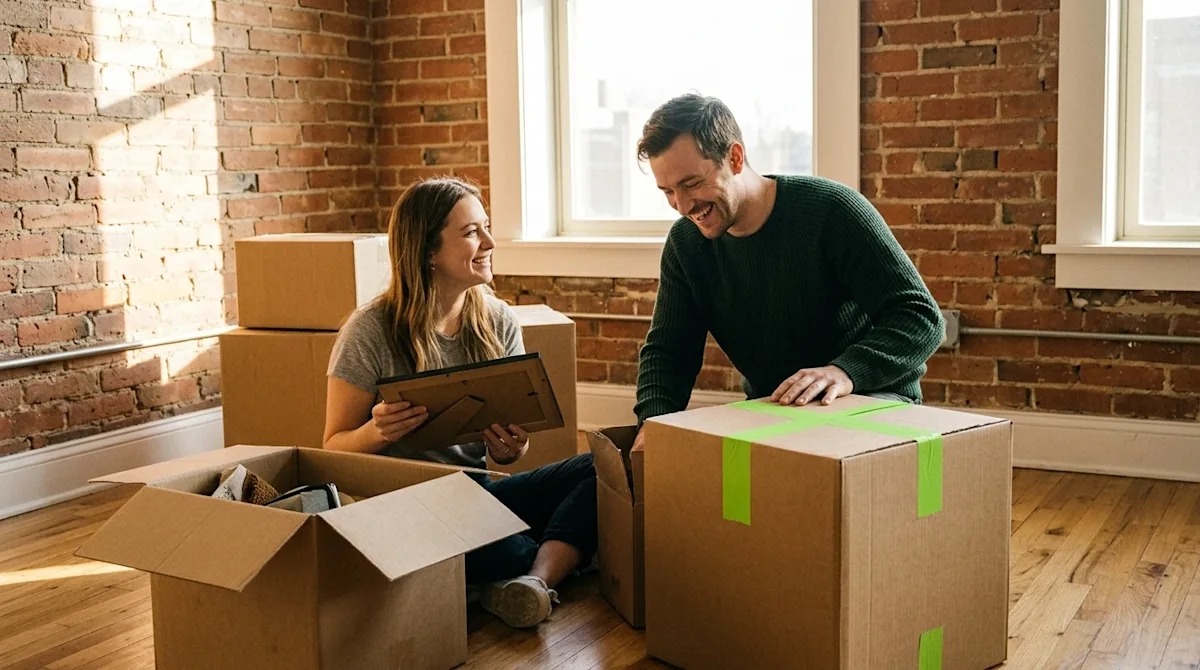 A relaxed couple unpacking kraft brown cardboard moving boxes in a beautiful, sunlit living room, looking happy to have moved there.