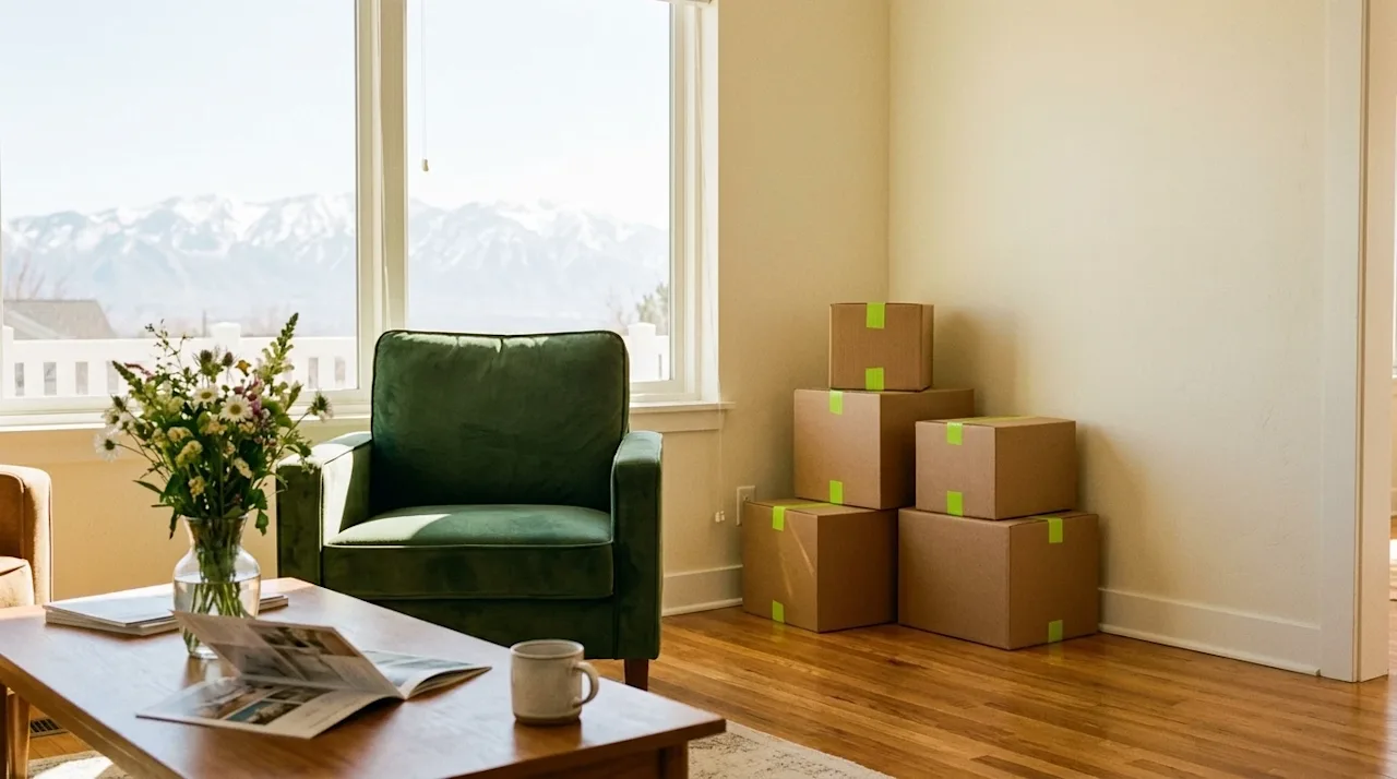 Documentary-style lifestyle photography of a beautifully staged, welcoming living room prepared for a real estate open house