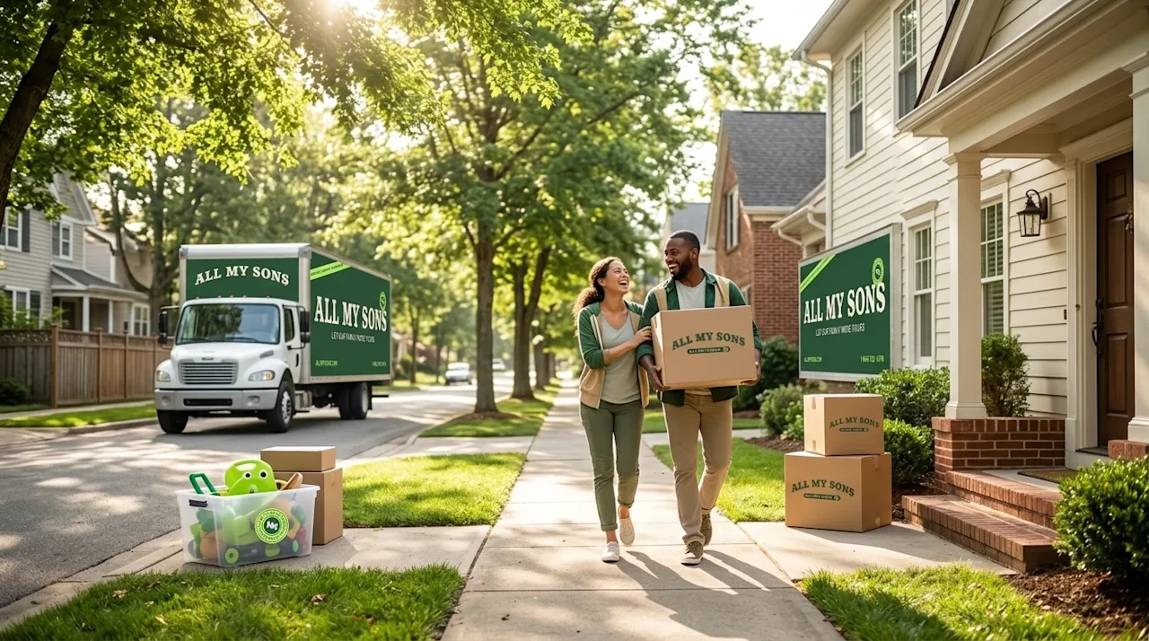 Professional marketing photography of a cheerful couple walking down a sunlit, tree-lined sidewalk in a welcoming, picturesqu