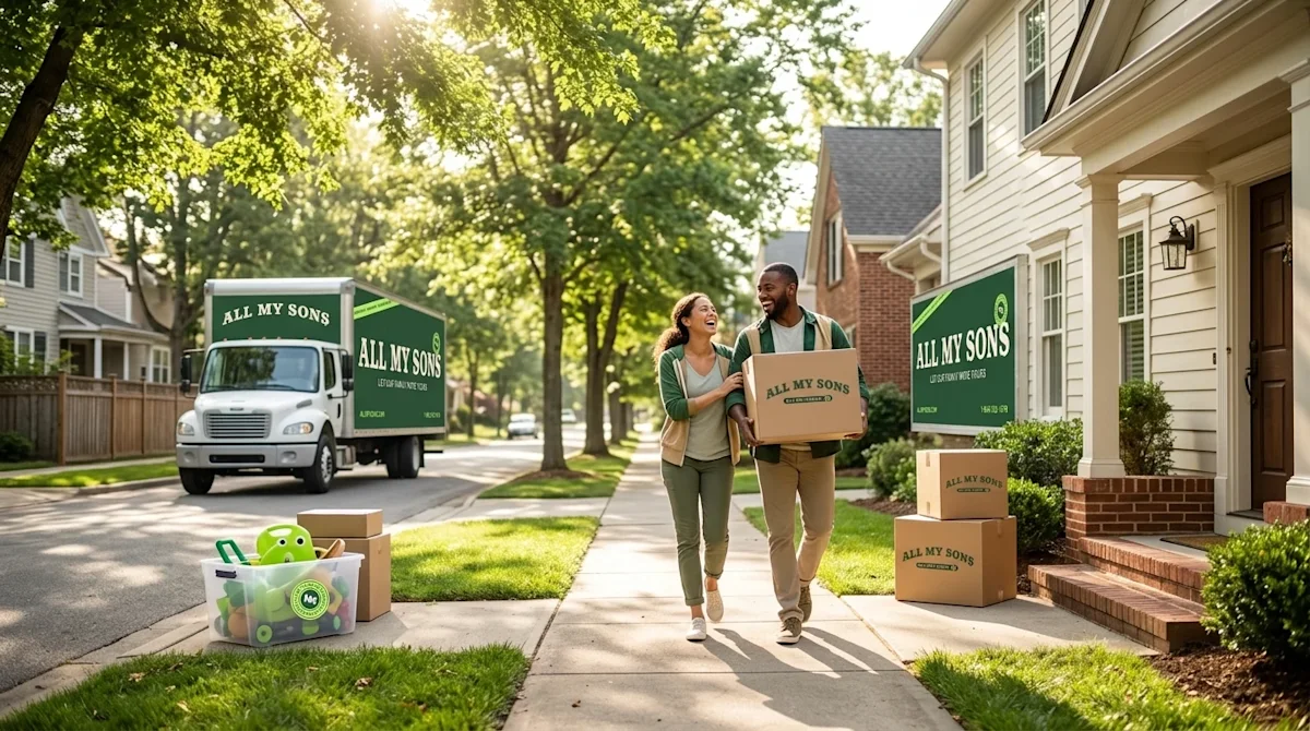 Professional marketing photography of a cheerful couple walking down a sunlit, tree-lined sidewalk in a welcoming, picturesqu
