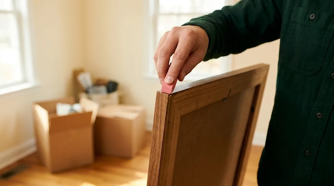 Clear and professional marketing photography. A close-up lifestyle shot demonstrating a clever moving hack: a person's hand p