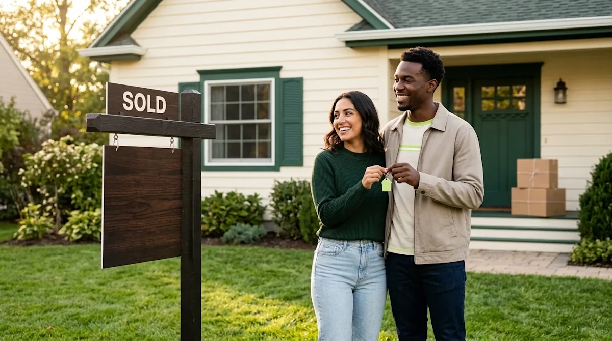 Clear, professional marketing photography of a happy, diverse young couple standing proudly in the lush front yard of a welco