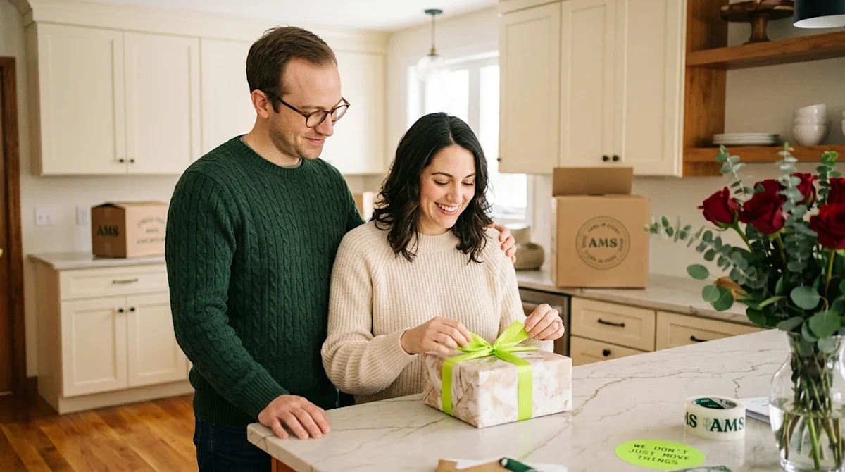 Clear, professional marketing photography of a happy couple exchanging a thoughtful Valentine's Day present in the cozy kitch