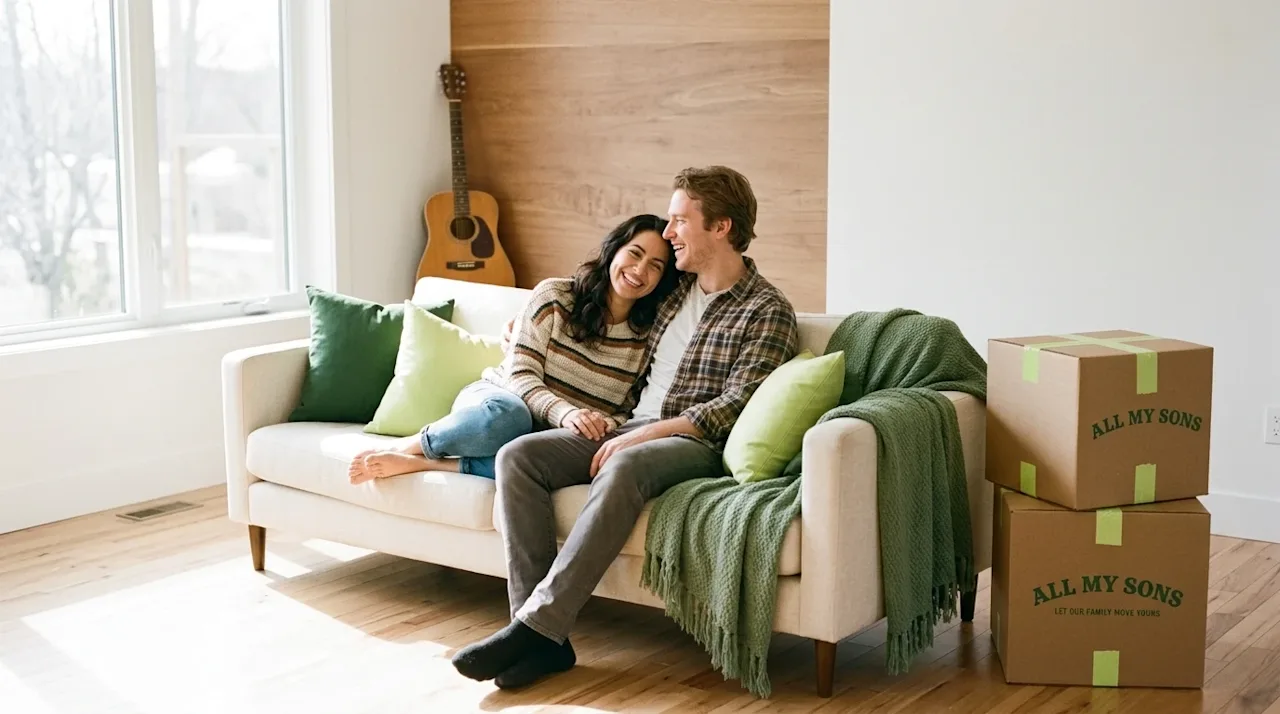 Cinematic lifestyle photography of a joyful, relaxed couple sitting comfortably on a modern cream sofa in their bright, sunli