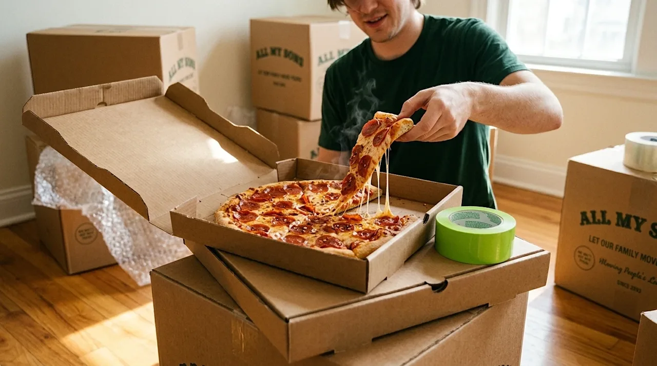 A candid, documentary-style photograph of a moving day pizza break in a sunlit home. An open pizza box holding a delicious, s