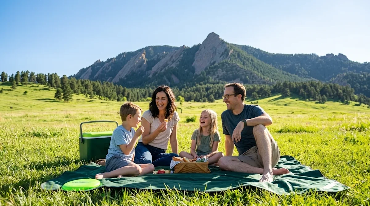 Professional lifestyle marketing photography of a happy, relaxed family enjoying a sunny summer picnic in a lush green park i