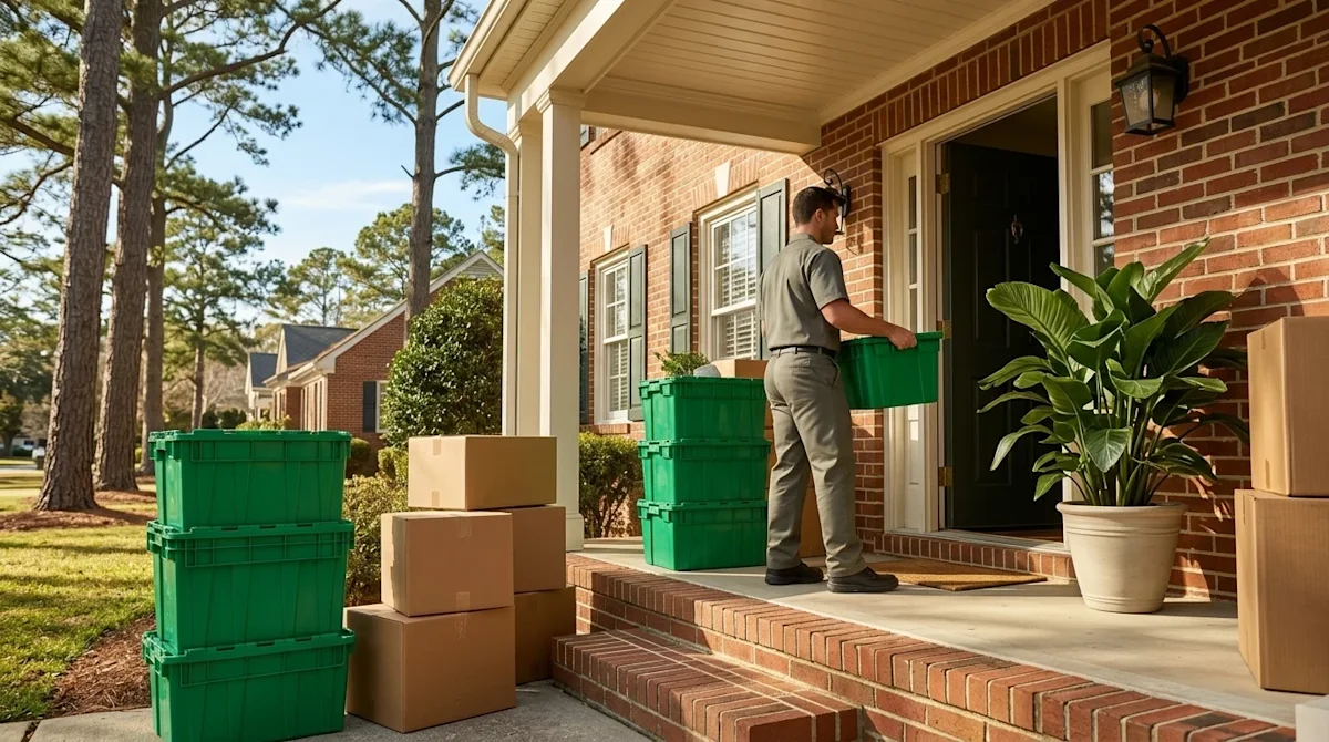 Professional photography of an environmentally friendly moving day at a sunny coastal home in Newport News, Virginia. The sce