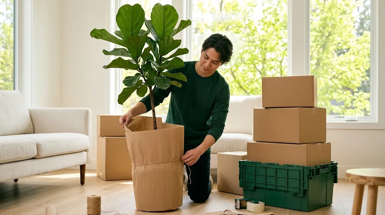 Clear and professional marketing photography of a bright, modern living room during an eco-friendly moving day. In the center