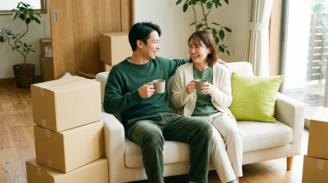 Candid lifestyle photography of a relaxed, smiling couple taking a stress-free break during their move, sitting comfortably o