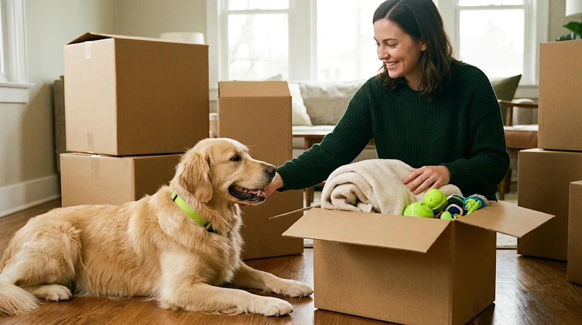 Candid lifestyle photography of a stress-free moving day with pets. A happy, fluffy golden retriever dog wearing a bright lim