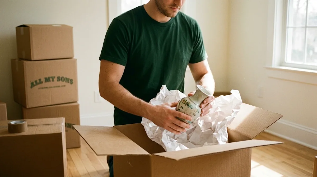 Candid lifestyle photography, 35mm film aesthetic with warm tones and subtle film grain. A professional mover wearing a dark