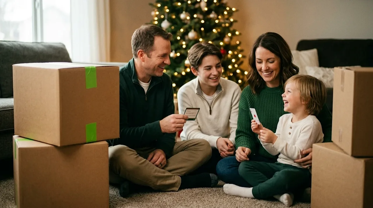 A candid, warm lifestyle photograph of a family sitting on the living room floor taking a break from packing to play a Christ