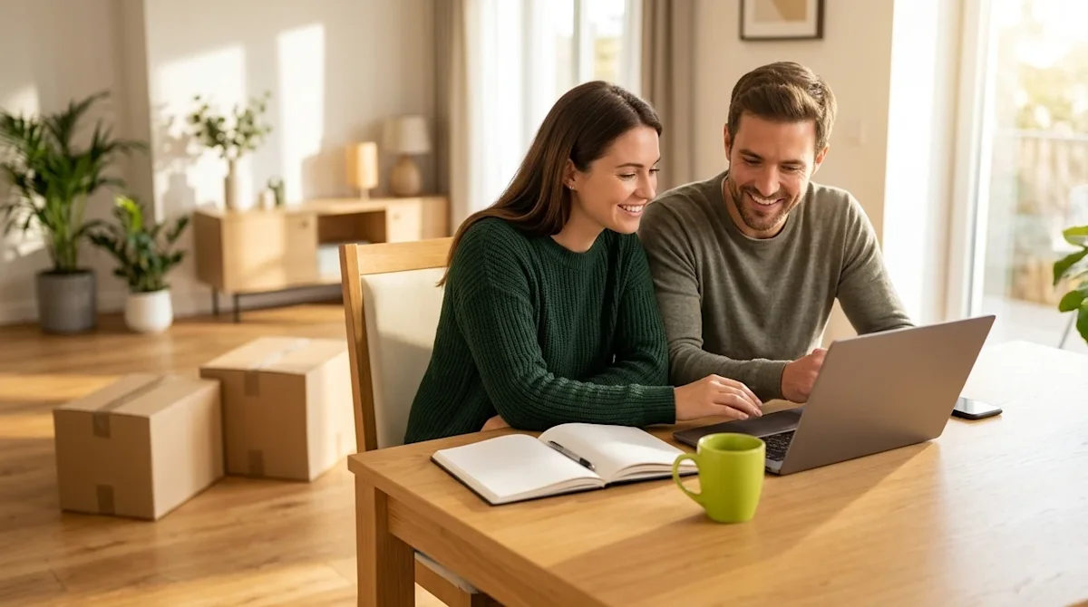 Professional marketing photography of a smiling, stress-free couple sitting at a modern dining table in a brightly lit, invit