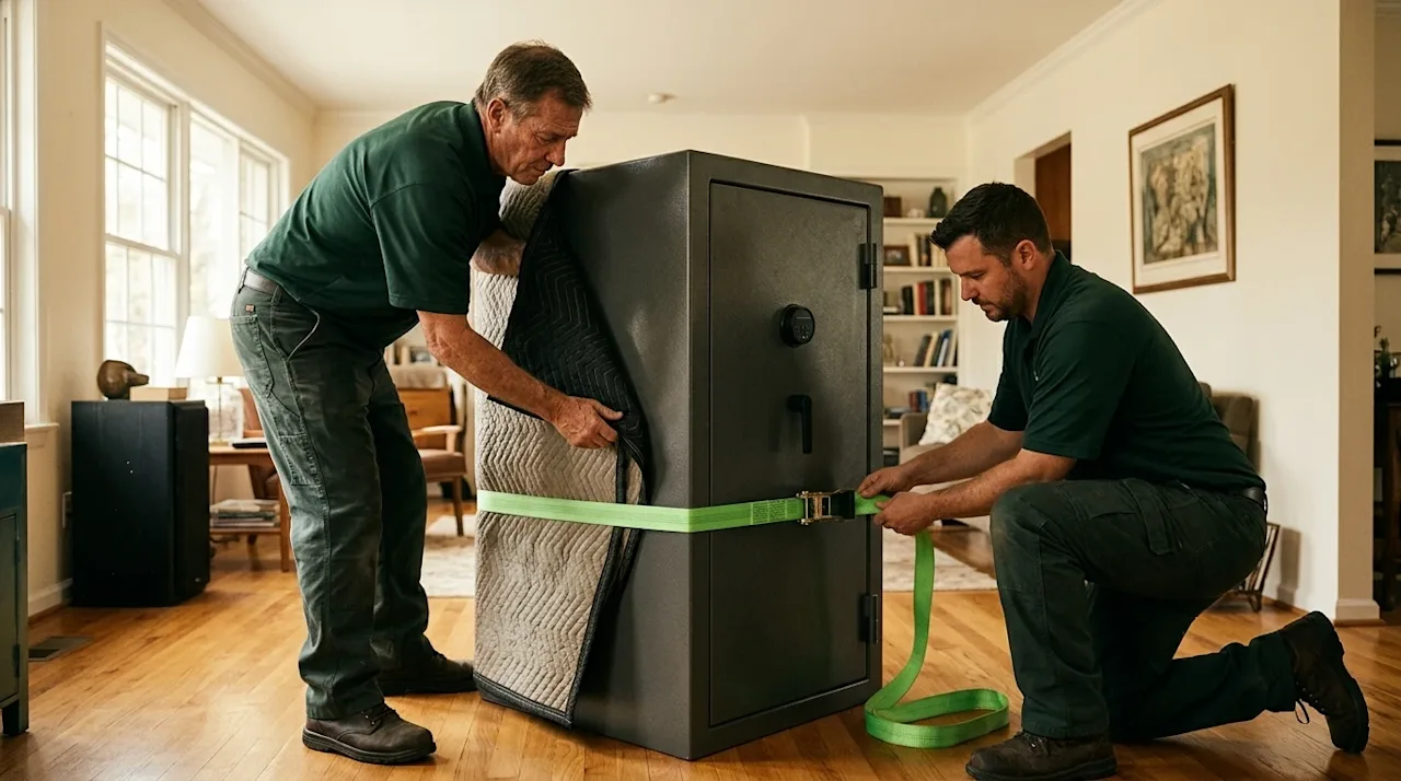 Professional marketing photography of two experienced movers carefully securing a large, heavy steel home safe in a well-lit