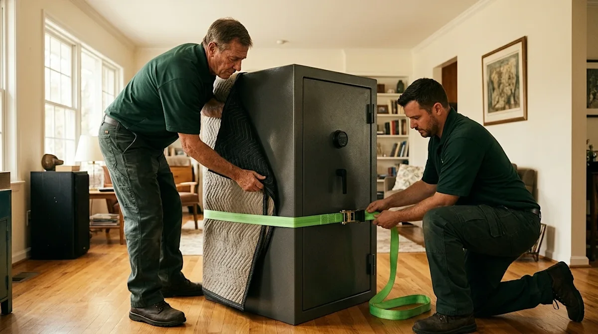 Professional marketing photography of two experienced movers carefully securing a large, heavy steel home safe in a well-lit
