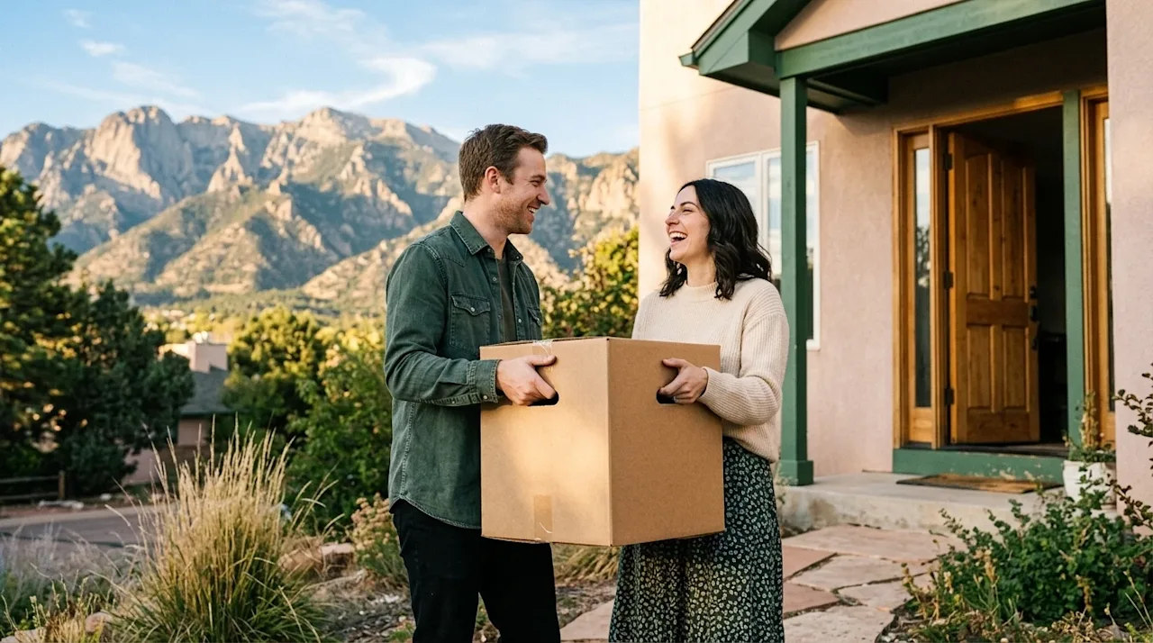 A candid, warm lifestyle photograph of a happy couple carrying a sturdy cardboard moving box together towards the front door