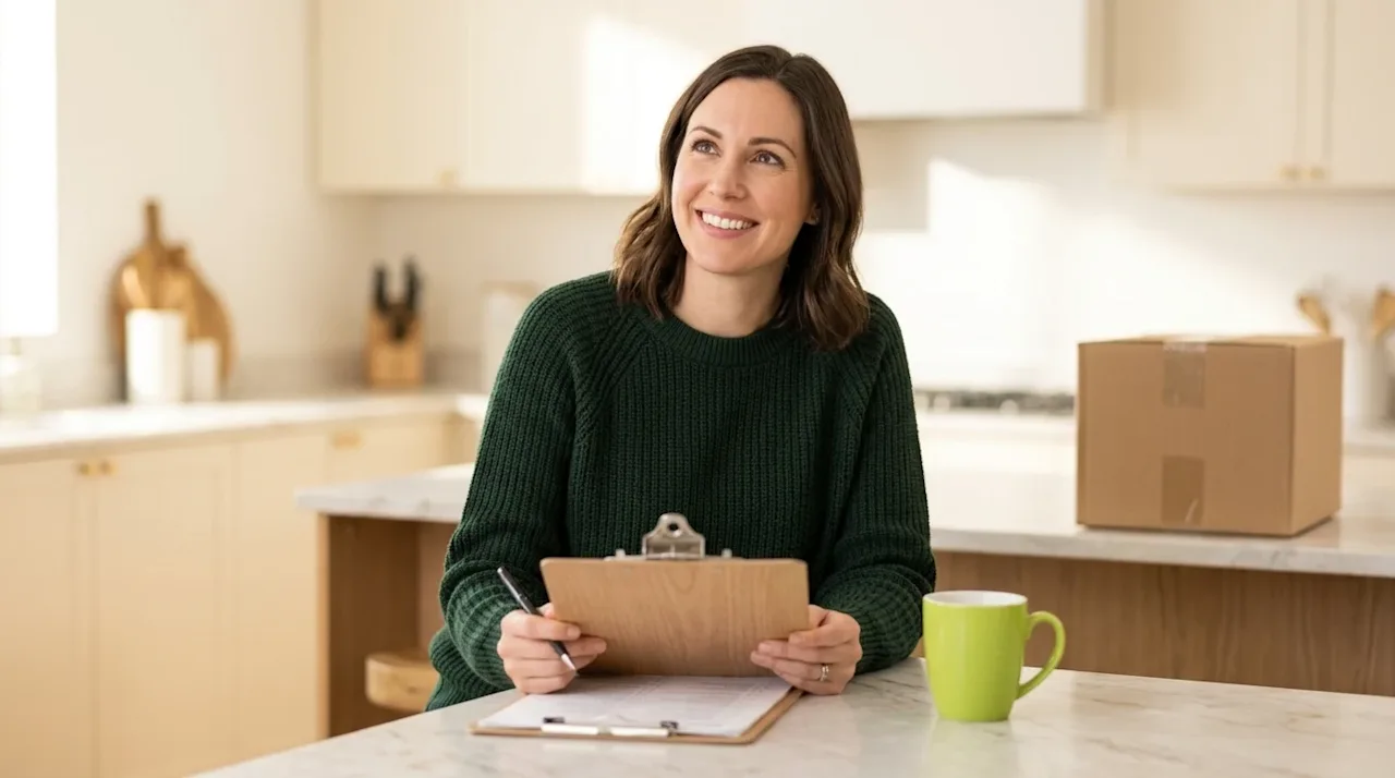 Professional commercial lifestyle photography of a calm, organized woman sitting at a modern, sunlit kitchen island, smiling