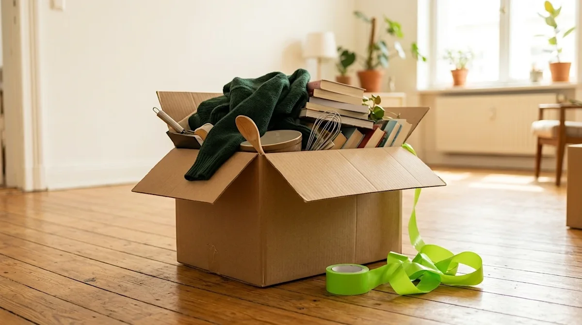 A realistic lifestyle photograph illustrating an organizing mistake during a move, featuring an overstuffed brown cardboard m