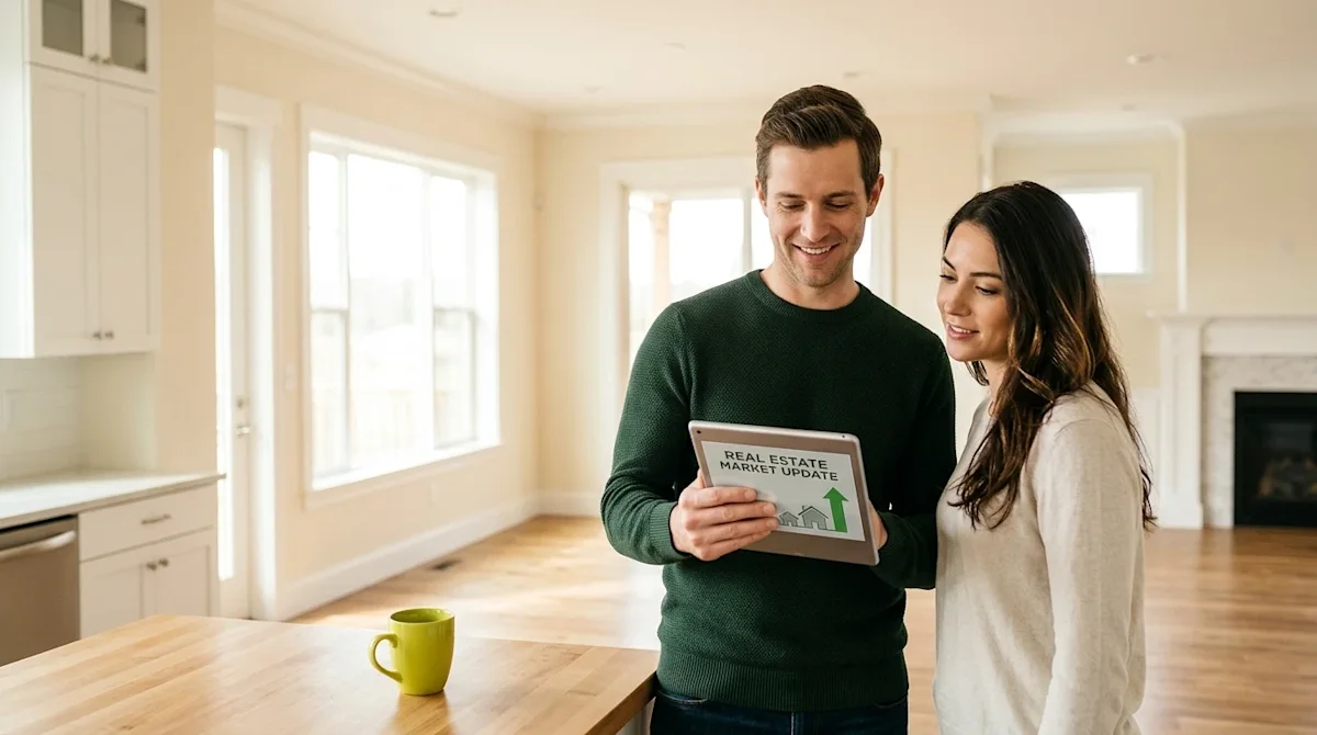 Professional marketing photography of a happy couple standing in the sunlit living room of a bright, spacious new home, looki