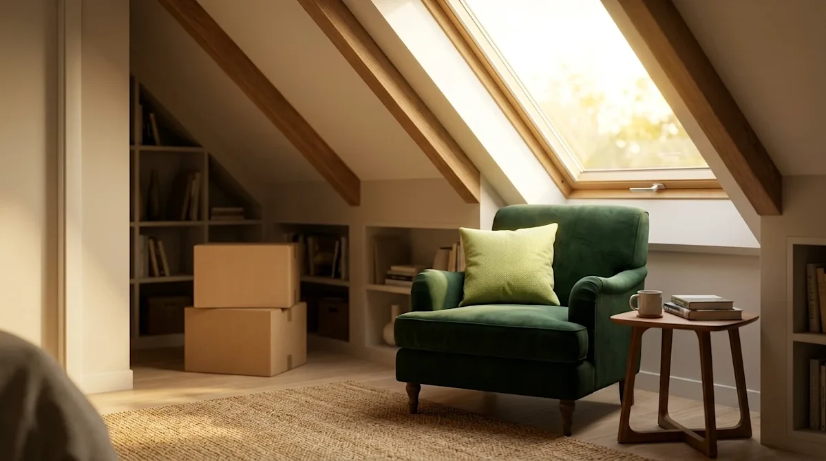 Professional marketing photography of a beautifully renovated attic transformed into a cozy, functional reading nook and crea