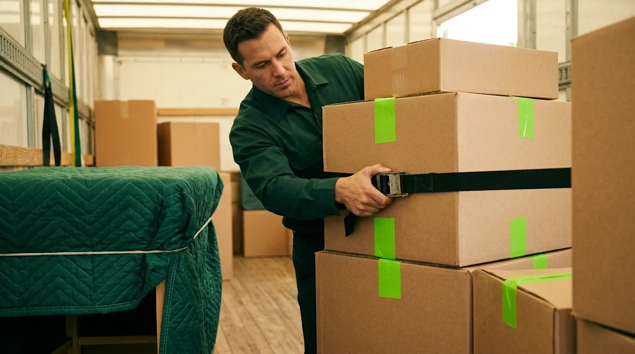 A high-quality, photorealistic candid-style photograph of a professional mover carefully securing a stack of sturdy cardboard