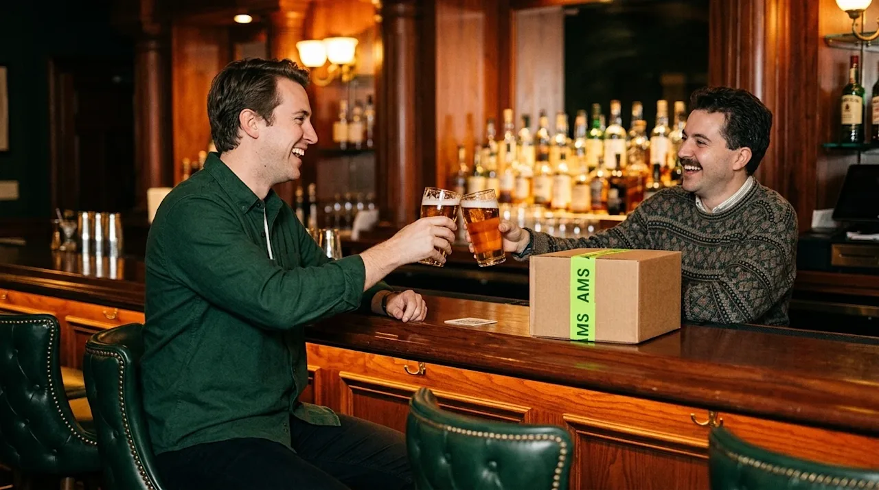 A candid, warm lifestyle photograph of two friends celebrating a successful move by clinking glasses at a stylish, dimly lit