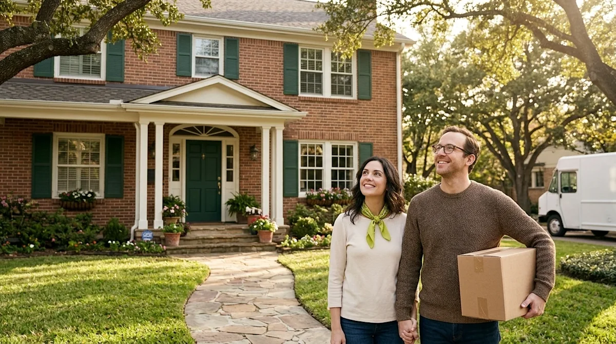 Professional marketing photography, wide cinematic shot of a beautiful, welcoming suburban house exterior on a sunny afternoo