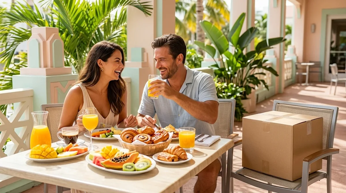 Professional lifestyle photography of a bright and sunny outdoor patio at a trendy Miami brunch restaurant. A beautiful table