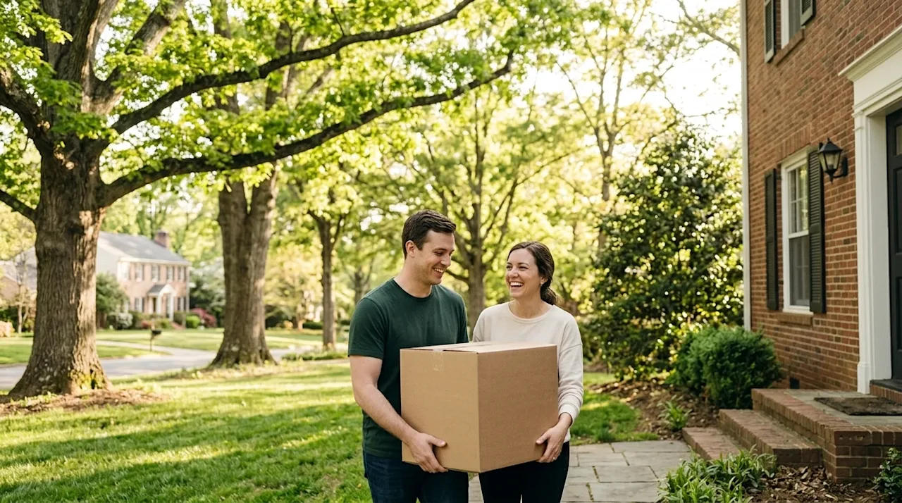 Professional lifestyle marketing photography of a smiling couple moving into a charming home in the lush, tree-lined suburbs