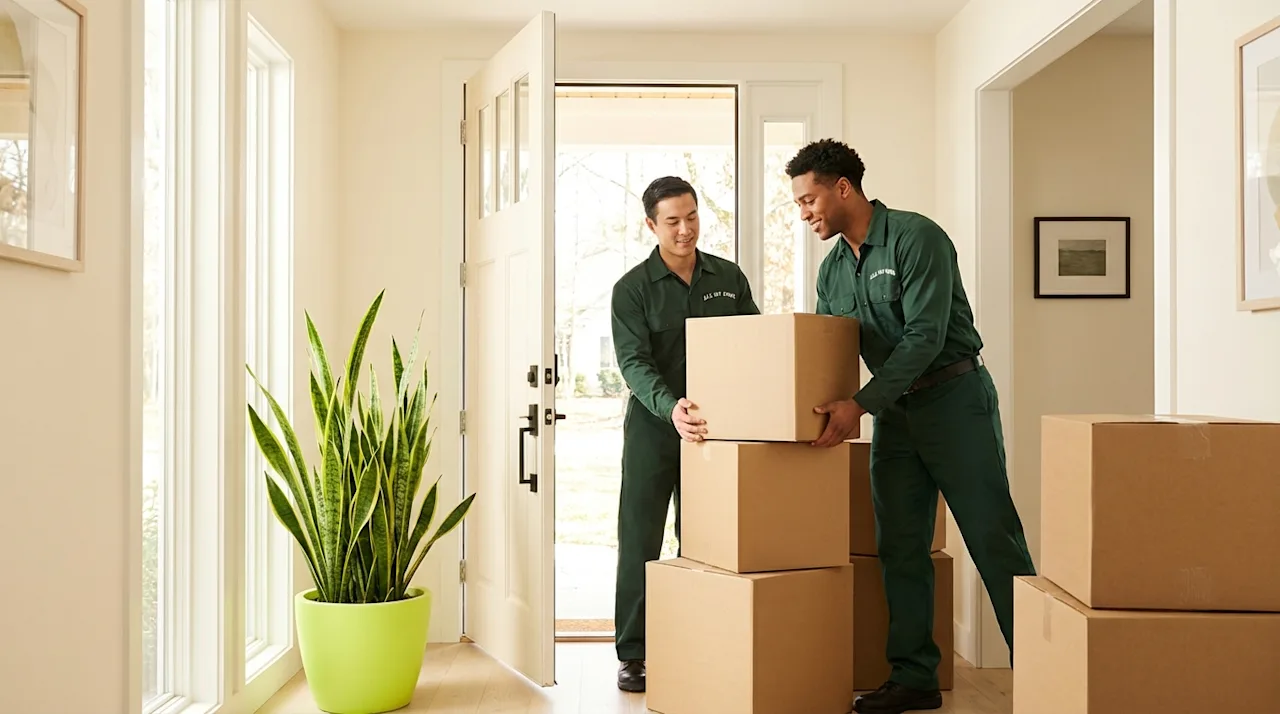 Professional movers in dark green uniforms stacking boxes in a bright home entryway with a lime green plant and open door.