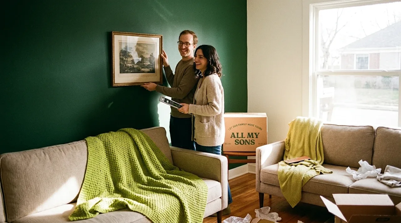 Candid 35mm film photography of a smiling young couple in a warmly lit living room, happily working together to decorate thei