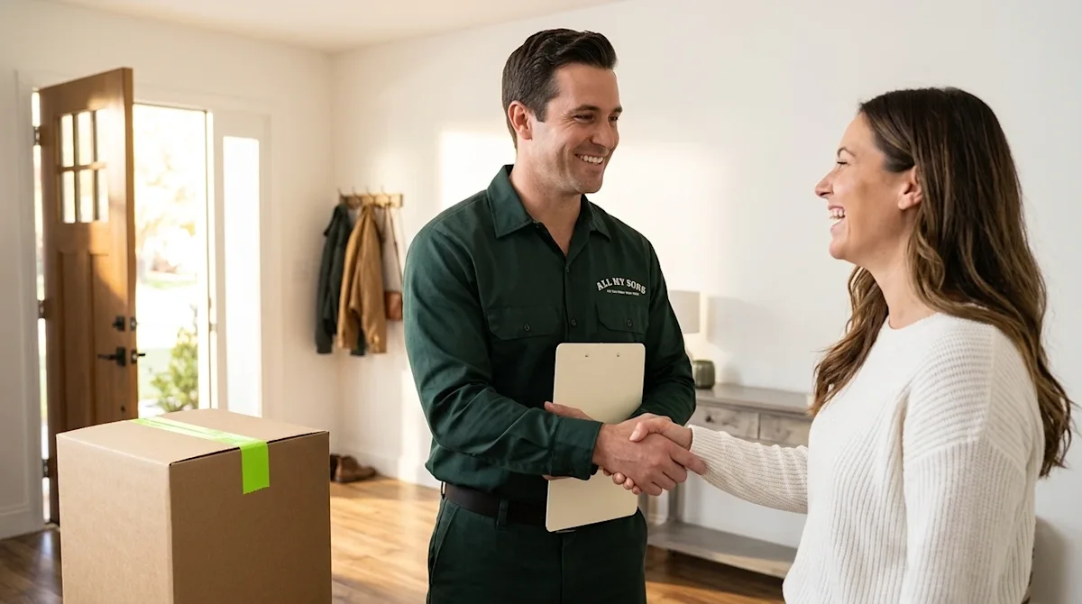 Professional lifestyle marketing photography of a smiling, trustworthy moving professional wearing a dark forest green unifor