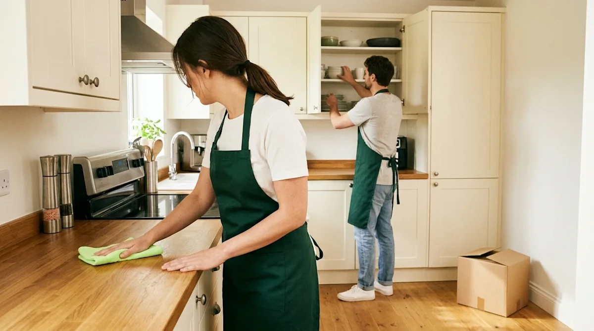 Professional lifestyle marketing photography of a couple doing spring cleaning in a bright, warm-toned kitchen. A woman weari