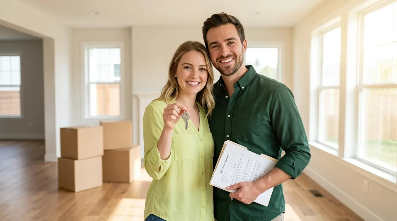 Professional lifestyle marketing photography of a happy couple in their late 20s standing in the bright, sunlit living room o