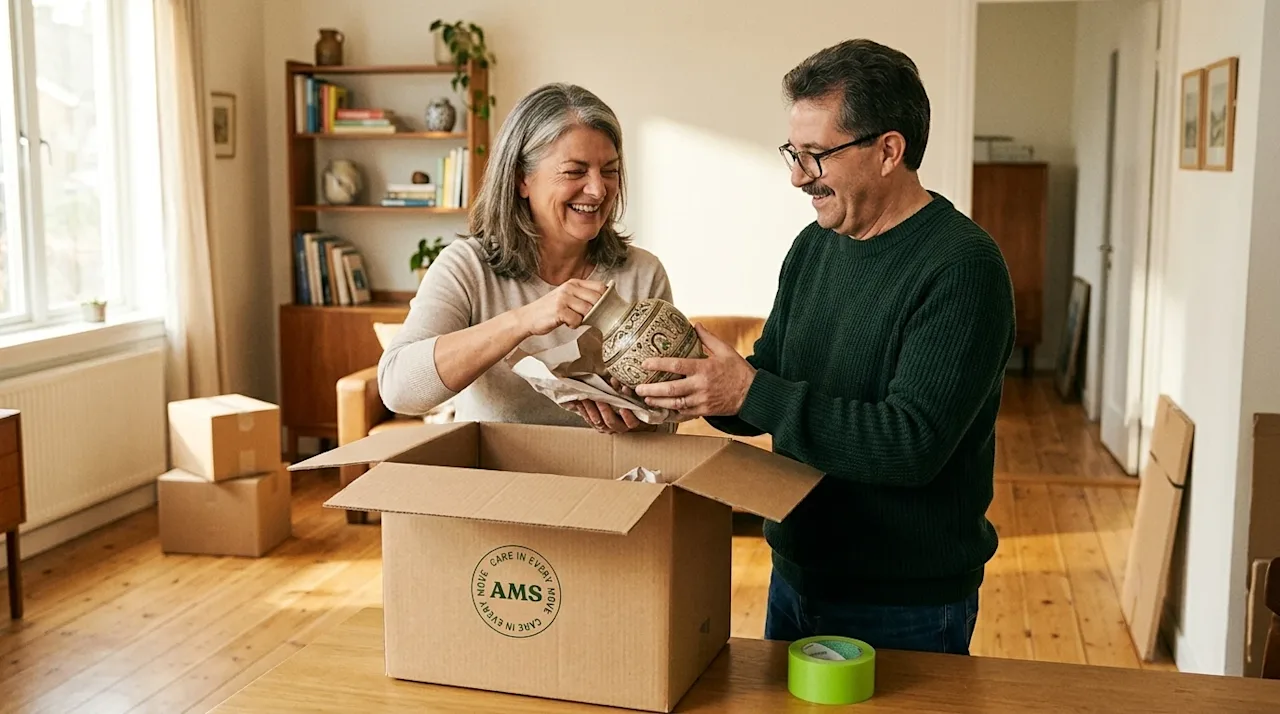 A heartwarming, candid 35mm-style photograph of a smiling middle-aged couple carefully wrapping and packing a cherished ceram