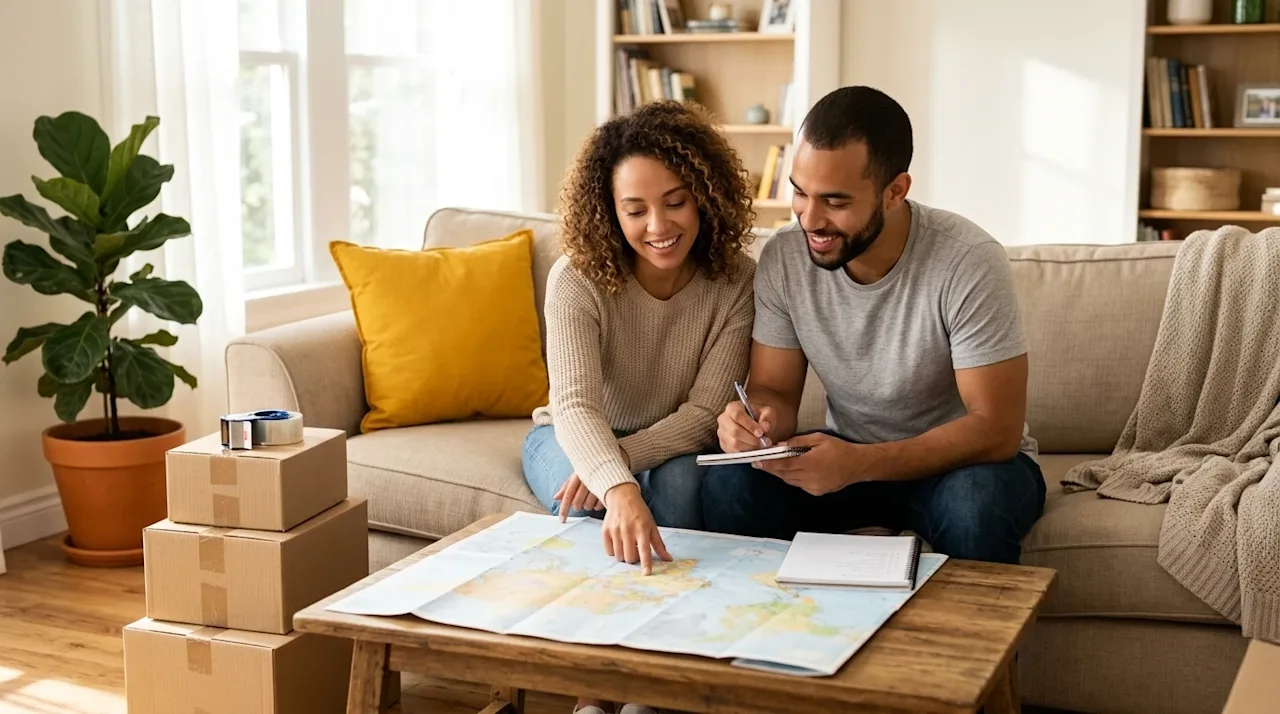 Professional lifestyle photography of a cheerful couple sitting on a cozy sofa in a bright, sunlit living room, actively plan