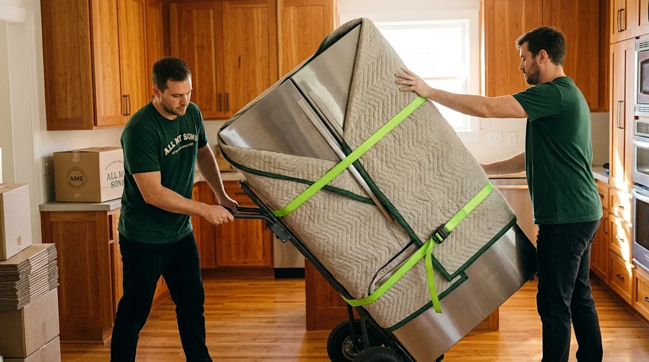 Candid lifestyle photography shot on 35mm film of two professional movers safely tilting a large stainless steel refrigerator