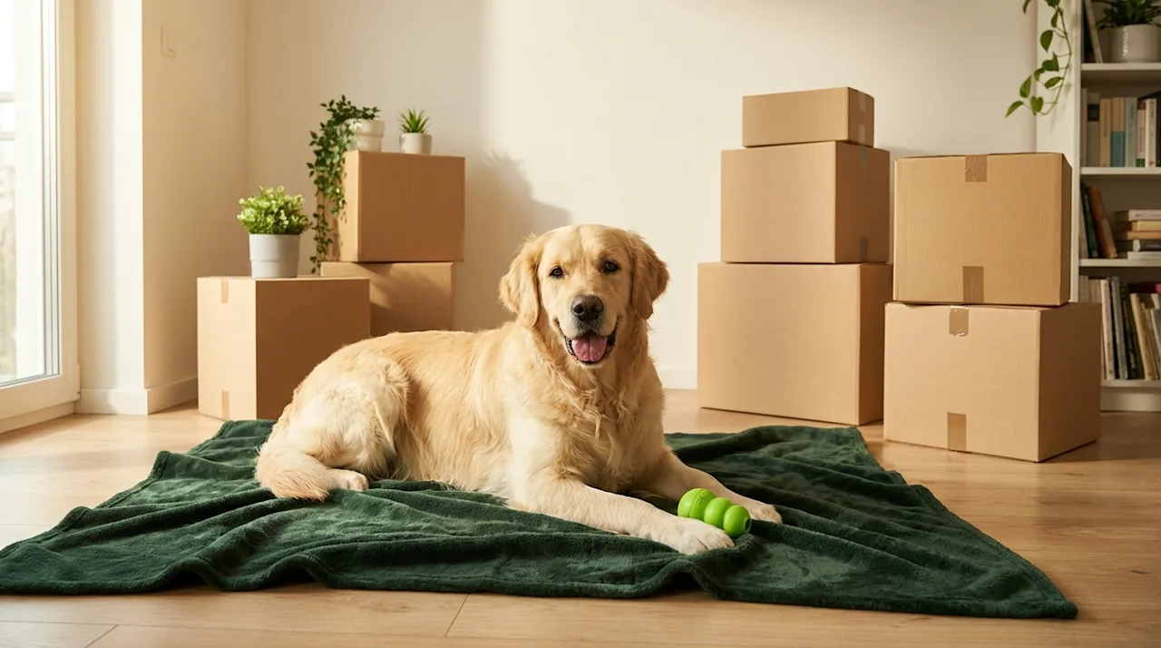 Happy Golden Retriever resting on a green blanket among neatly stacked moving boxes in a bright, clean home.