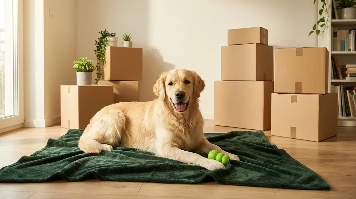 Happy Golden Retriever resting on a green blanket among neatly stacked moving boxes in a bright, clean home.