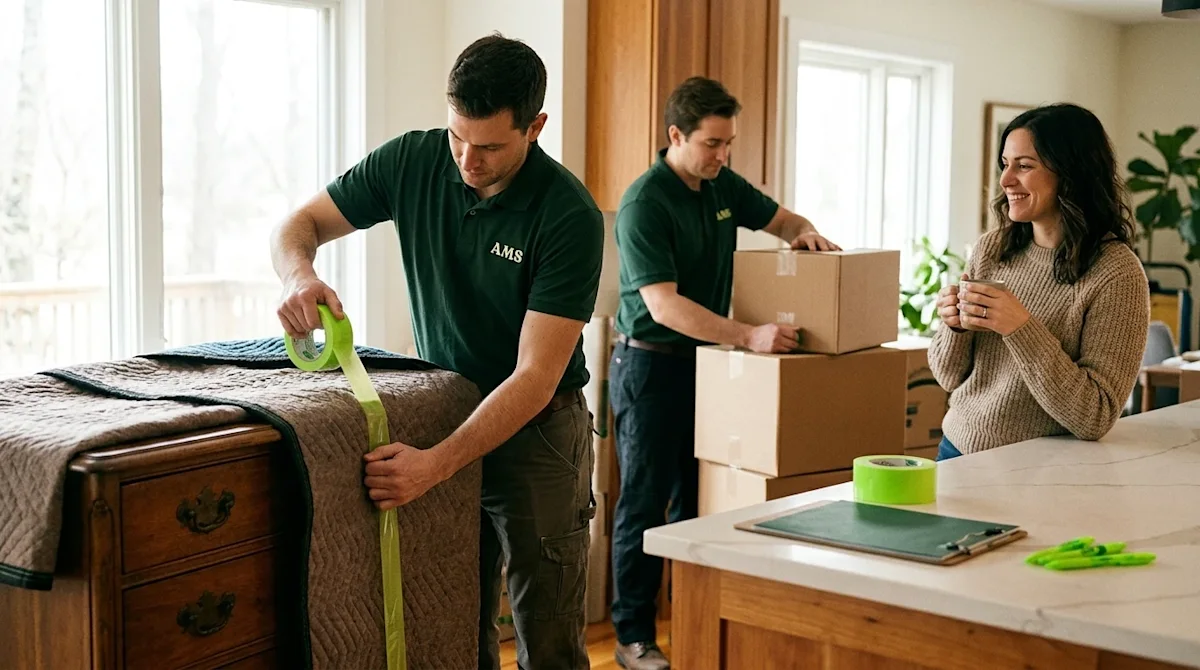 Candid, authentic documentary-style photography of a stress-free moving day inside a warm, inviting home. Professional full-s