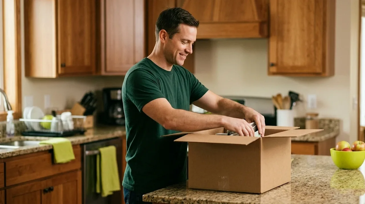 Professional marketing photography of a person demonstrating safe packing techniques in a warm, inviting home interior. A hea