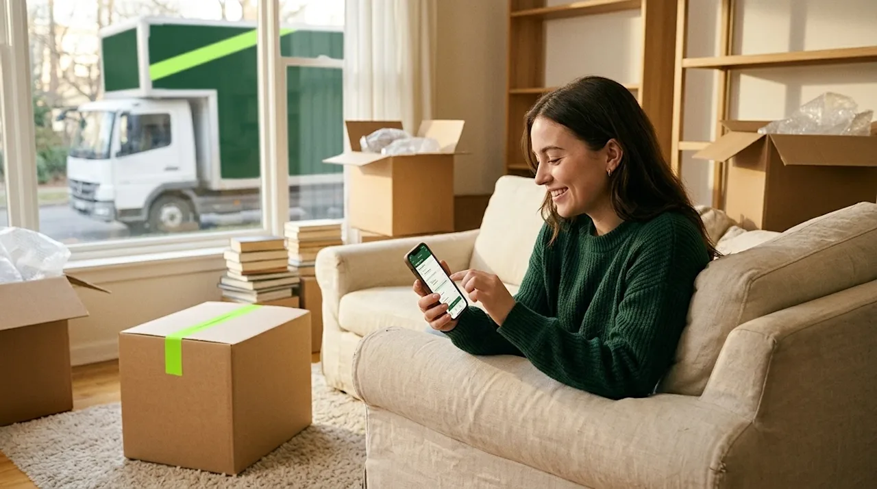 Professional marketing photography, candid and authentic lifestyle shot. A young adult sitting comfortably in a partially pac