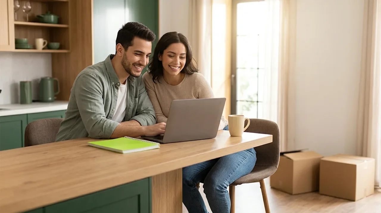 Clear, professional marketing photography of a smiling young couple sitting at a smooth natural wood kitchen island in a brig