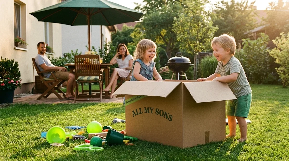 A candid, realistic 35mm film-style photograph of a happy family enjoying summer activities in a lush backyard. Two young chi