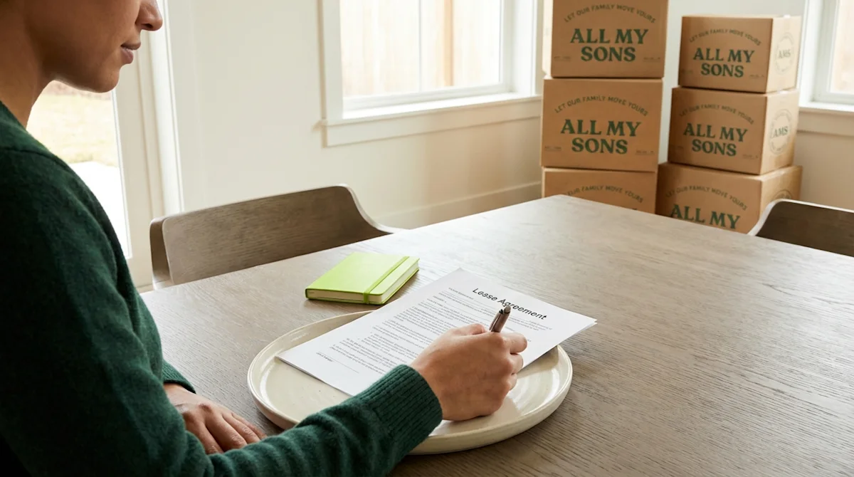 Person reviewing a lease agreement document at a wooden table with All My Sons moving boxes stacked in the background.