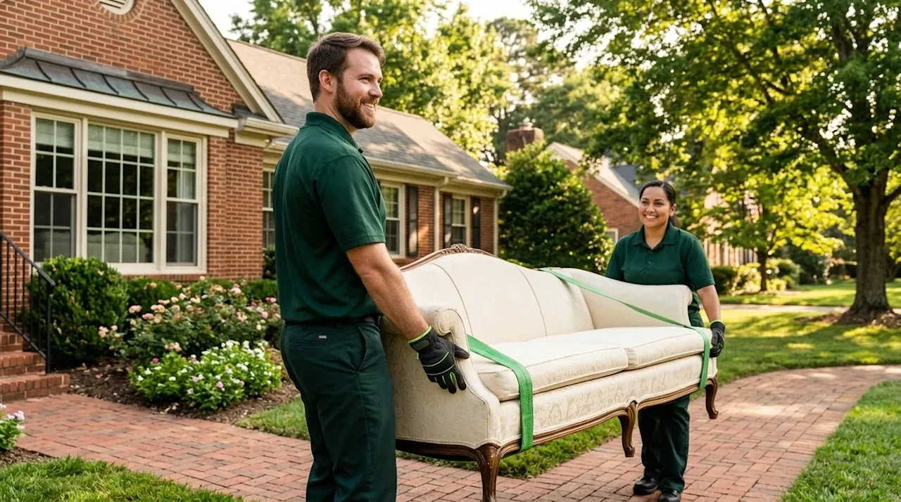 Clear, professional marketing lifestyle photography of a friendly and efficient junk removal squad working at a residential h