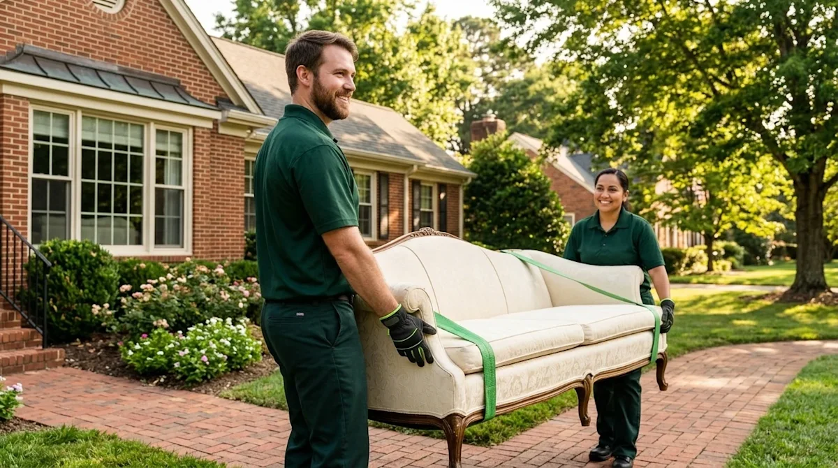Clear, professional marketing lifestyle photography of a friendly and efficient junk removal squad working at a residential h